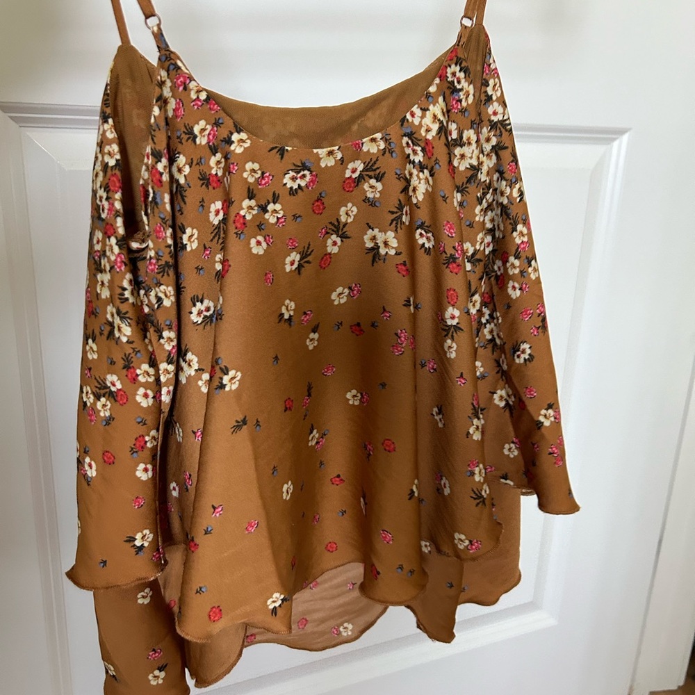 Free People Brown Floral Spaghetti Strap Square Neck Top